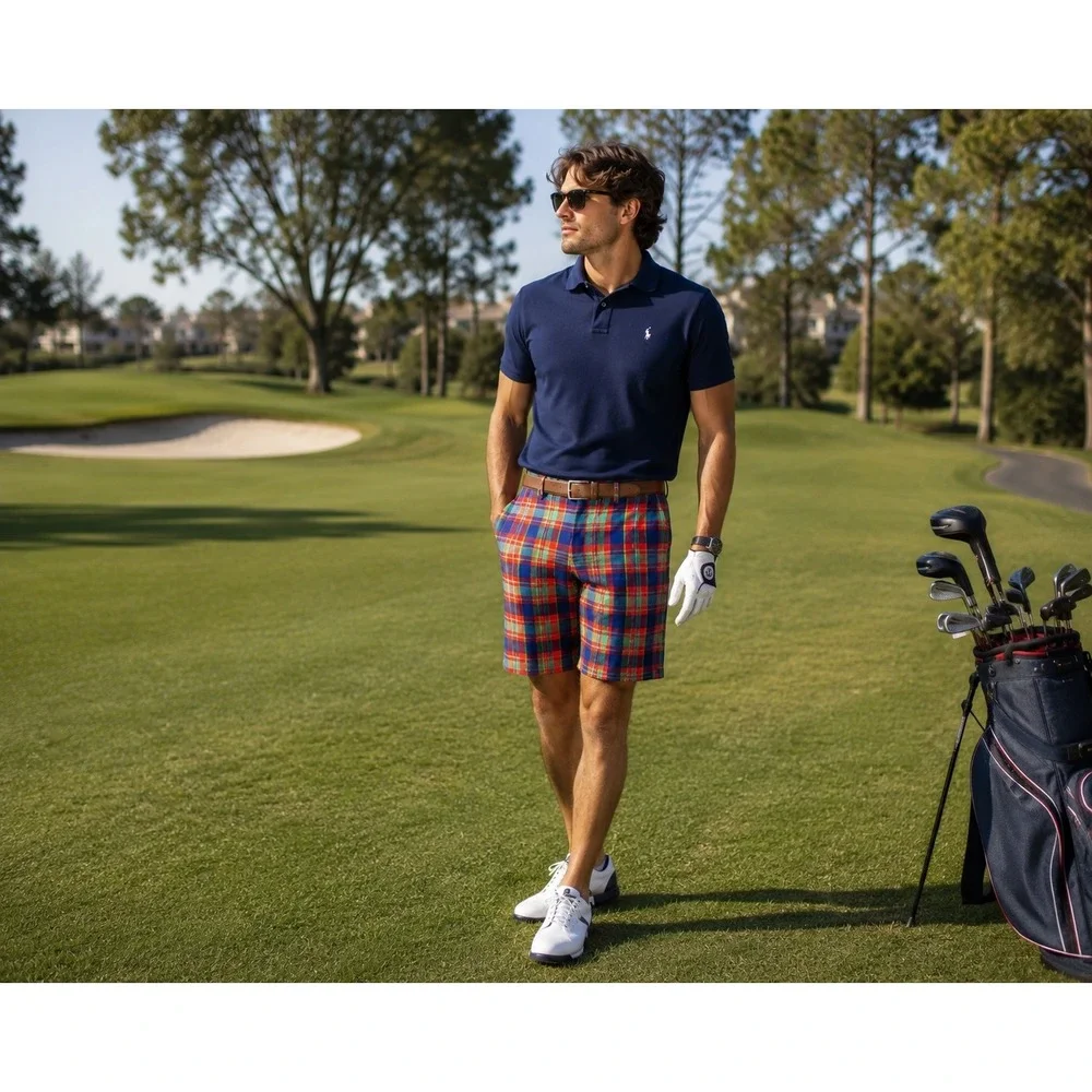 Jack Nicklaus Mens Plaid Golf Shorts Multicolor Performance Flat Front 36